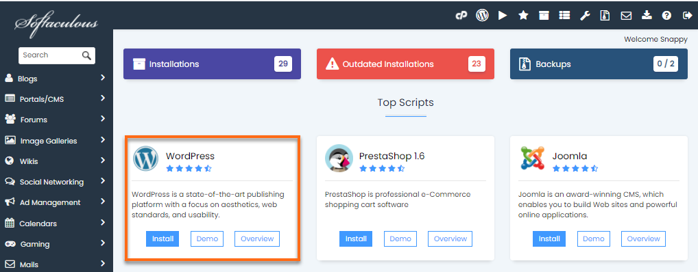Easy One-Click App Installation by Softaculous